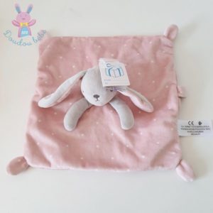 Doudou plat Lapin rose gris étoiles attache tétine SIMBA