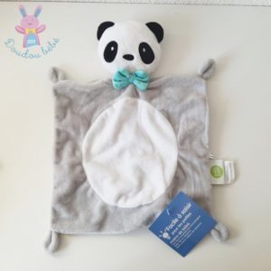 Doudou plat Panda gris blanc noir nœud vert BABY CALIN