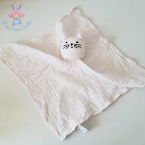 Doudou plat Chat tissu lange coton rose pâle BOUT’CHOU