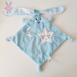 Doudou plat Lapin bleu blanc étoiles lune AUCHAN