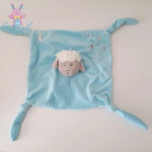 Doudou plat Mouton bleu turquoise étoiles Carré Blanc