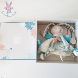 Lapin plat blanc bleu rayé Happy puzzle DOUDOU ET COMPAGNIE