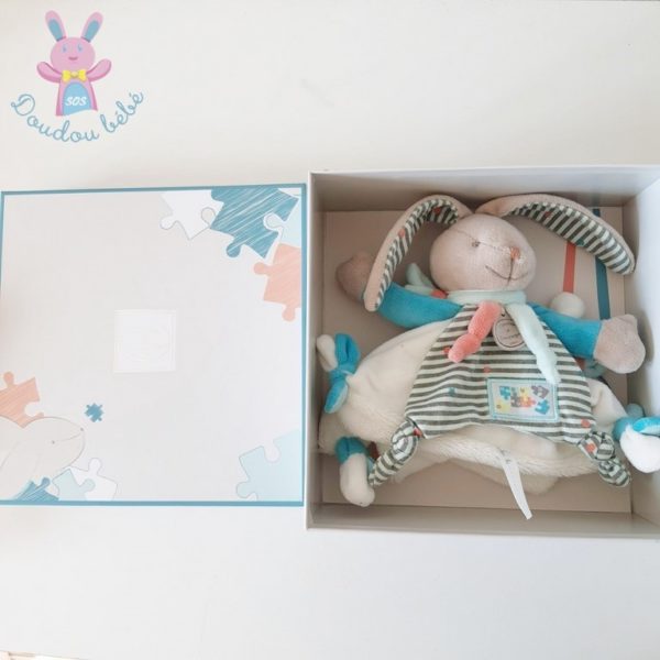 Lapin plat blanc bleu rayé Happy puzzle DOUDOU ET COMPAGNIE – Image 2