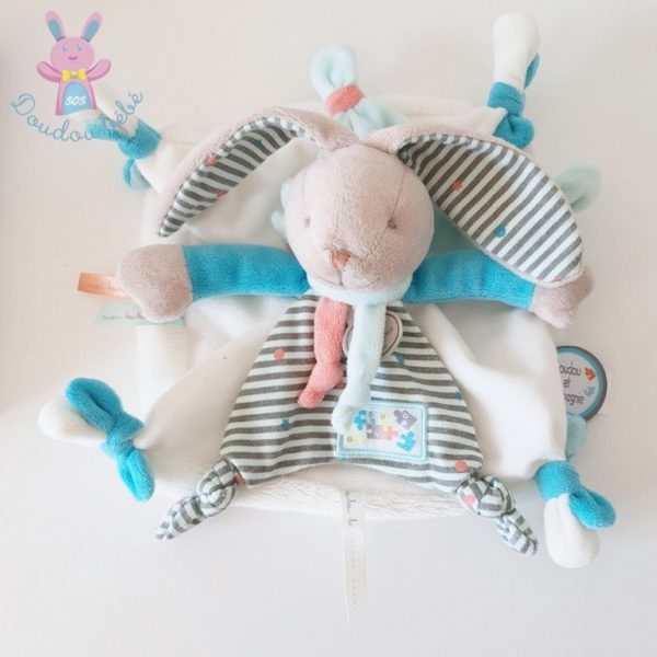 Lapin plat blanc bleu rayé Happy puzzle DOUDOU ET COMPAGNIE – Image 3