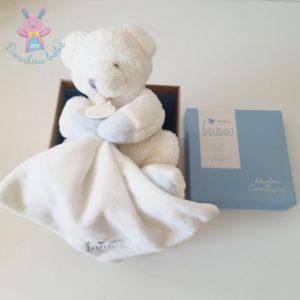 Ours blanc bleu mouchoir J’aime mon doudou DOUDOU ET COMPAGNIE