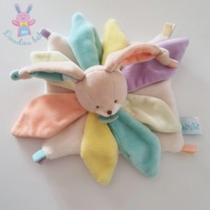 Doudou plat Lapin arc-en-ciel pétales multicolore blanc BABY NAT