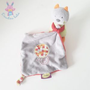 Doudou Ours mouchoir gris rouge vert attache tétine TINEO