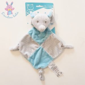 Doudou plat éléphant bleu gris blanc rayé TOM & KIDDY