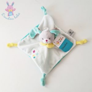 Doudou plat Lapin blanc vert jaune étoiles U TOUT PETITS