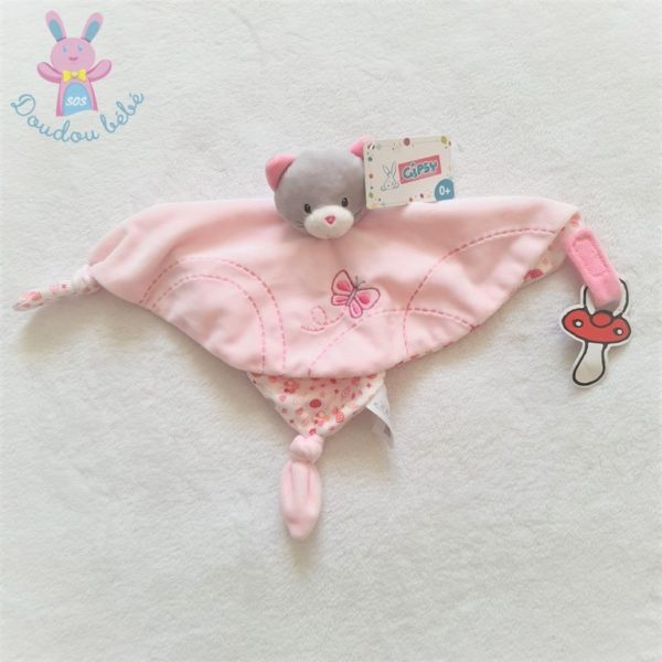 Doudou plat Chat rose garden papillon attache tétine GIPSY