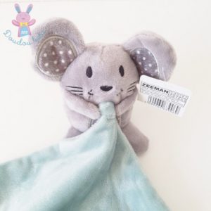 Doudou Souris grelot gris mouchoir vert ZEEMAN