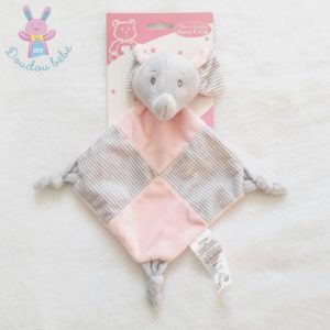 Doudou plat éléphant grelot gris rose rayé TOM & KIDDY