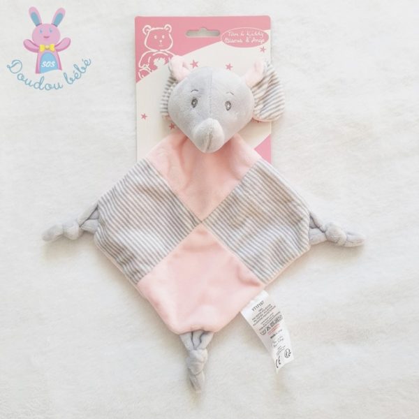 Doudou plat éléphant gris rose TOM & KIDDY