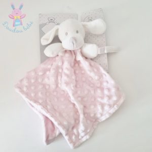 Doudou plat Chien rose blanc attache tétine KING BEAR