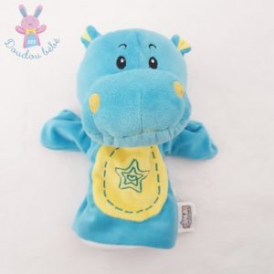 Doudou marionnette Hippopotame bleu jaune étoiles JEUX 2 MOMES