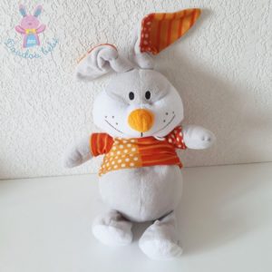 Doudou Lapin gris et blanc pull orange à pois FIZZY