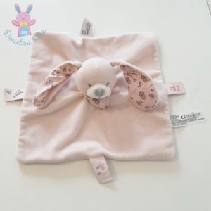 Doudou plat Lapin rose blanc fleurs oiseaux BOUT’CHOU