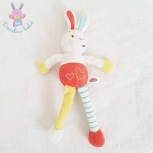 Doudou Lapin grelot blanc orange jaune cœurs AUCHAN