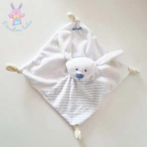 Doudou plat Lapin blanc jaune rayé bleu KIMBALOO BRIOCHE