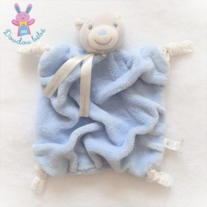 Doudou plat Ours plume bleu gris attache tétine KALOO