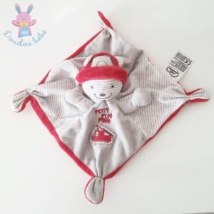 Doudou plat Ours Pompier gris rouge rayé pin pon MOTS D’ENFANTS