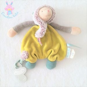 Doudou plat Souris Les Pachats jaune gris attache tétine MOULIN ROTY