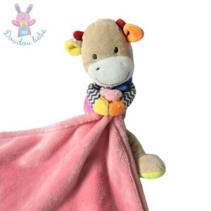 Doudou Girafe vache multicolore couverture rose NICOTOY SIMBA
