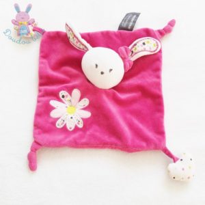 Doudou plat Lapin rose fuchsia fleurs marguerite ORCHESTRA