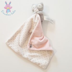 Doudou Chouette gris mouchoir blanc pois rose OBAIBI