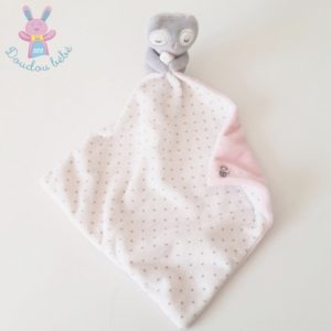 Doudou Chouette gris mouchoir blanc pois rose OBAIBI