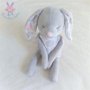 Doudou Lapin gris rose et blanc robe 40 cm OBAIBI