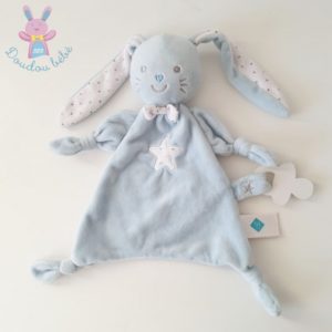 Doudou plat Lapin bleu blanc étoiles attache tétine TEX