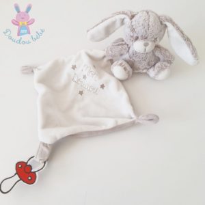 Doudou Lapin beige blanc mouchoir “mon doudou” attache tétine TEX