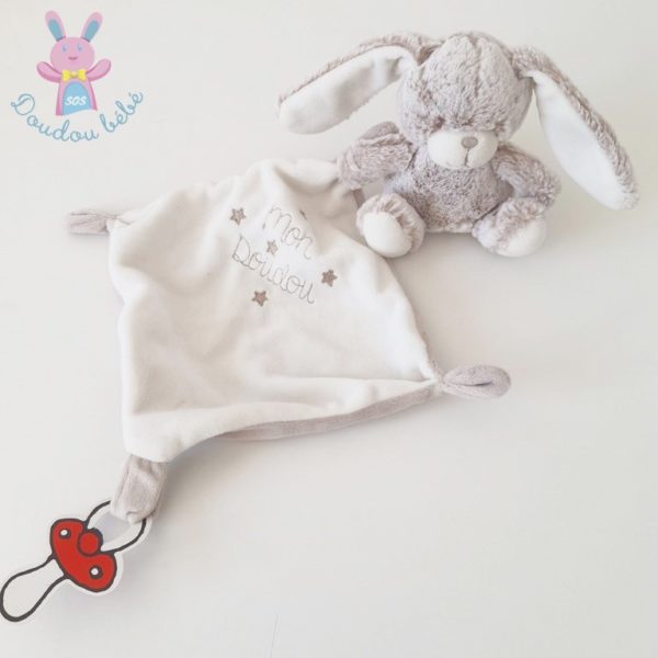 Lapin beige blanc mouchoir "mon doudou" TEX