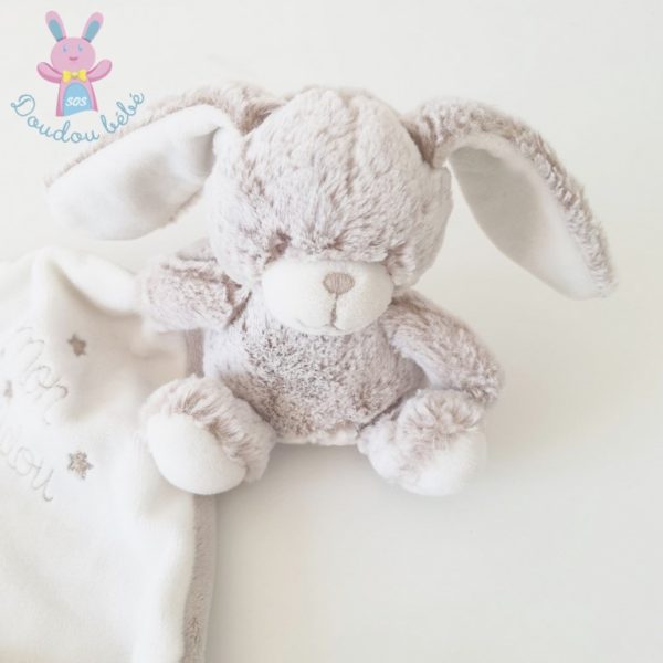 Doudou Lapin beige blanc mouchoir "mon doudou" attache tétine TEX – Image 2