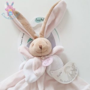 Doudou plat Lapin lange de coton rose beige et blanc BABY NAT