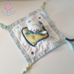 Doudou plat Chat Patachon blanc gris bleu vert SAUTHON