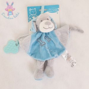 Doudou plat Chien bleu gris rayé dentition TOM & KIDDY