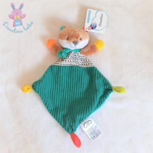 Doudou plat Renard vert bleu marron MOTS D’ENFANTS