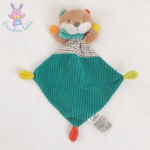 Doudou plat Renard vert bleu marron MOTS D’ENFANTS