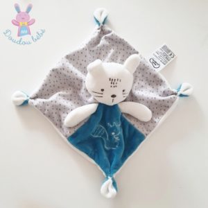 Doudou plat Chat bleu blanc gris fantaisie MOTS D’ENFANTS