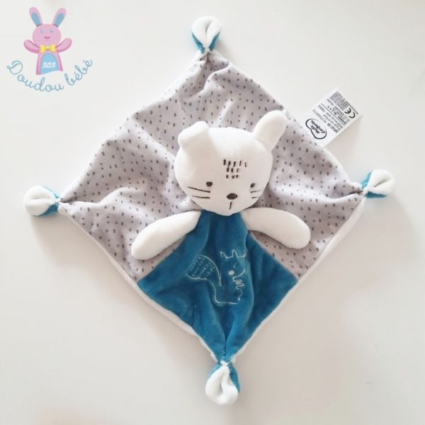 Doudou plat Chat blanc bleu gris MOTS D'ENFANTS