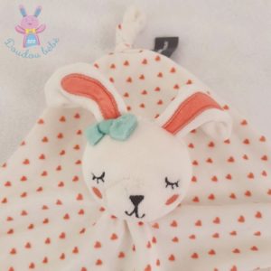 Doudou plat Lapin dormeur blanc cœurs orange ORCHESTRA