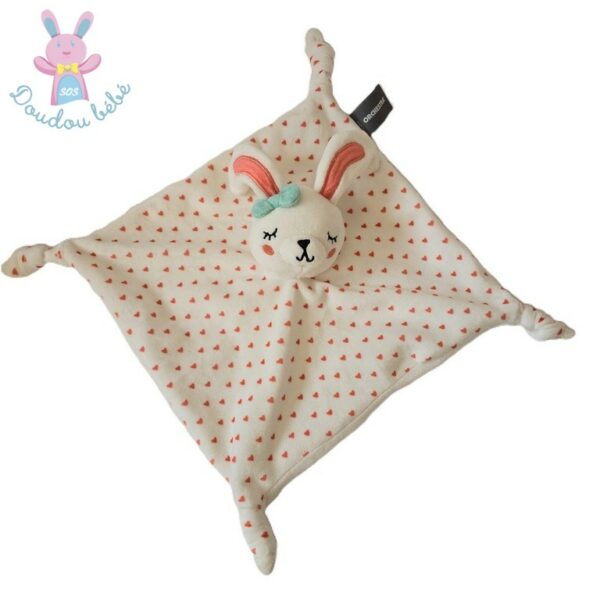Doudou plat Lapin dormeur blanc cœurs orange ORCHESTRA