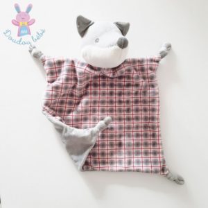 Doudou plat Renard Loup carreaux gris blanc rouge OBAIBI