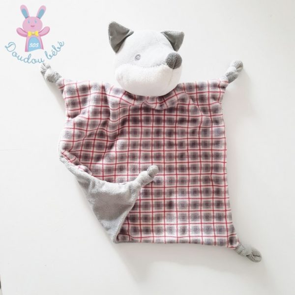 Doudou plat Renard Loup carreaux gris blanc rouge OBAIBI – Image 2
