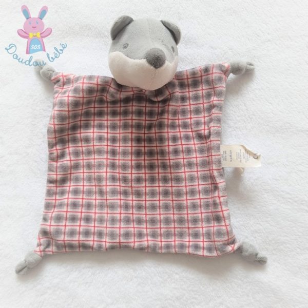 Doudou plat Renard Loup carreaux gris blanc rouge OBAIBI