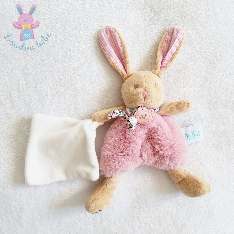 Doudou Lapin Poupi rose beige fleurs mouchoir blanc BABY NAT