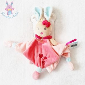 Doudou plat Lapin Perle beige rose bleu cœurs BABY NAT