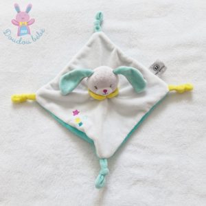 Doudou plat Lapin blanc vert jaune étoiles U TOUT PETITS